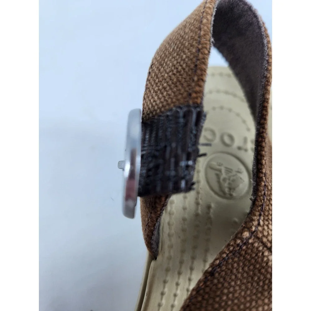 Crocs Hanalei Wedge Sandals Womens 7 Brown Canvas Ankle Strap Platform Peep Toe - Picture 5 of 12